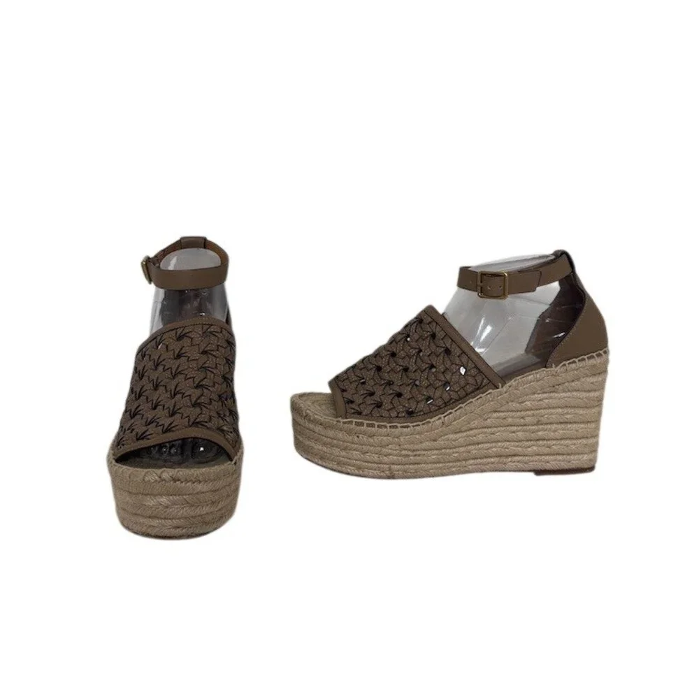 Tory Burch Womens Brown Woven Espadrille Platform Wedge Sandals Ankle Size 10